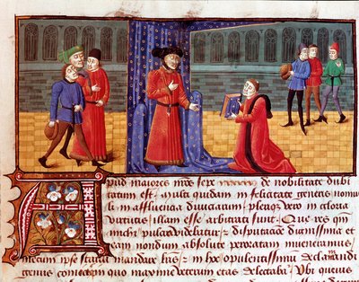 Autor představuje své dílo Stránka převzatá z „“ Sophilogium““ (Archiloge Sophie. Kniha dobré praxe) od Jacquese Legranda (Legrant) (1365-1415) Torre do Tombo, Lisabon, 15. nebo 16. století od Unknown artist