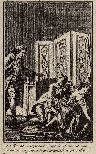 Baron překvapí Candide, když dává lekci experimentální fyziky své dceři Frontispice za „“Candide““ od Francoise Marie Arouet dit Voltaire. od Unknown artist