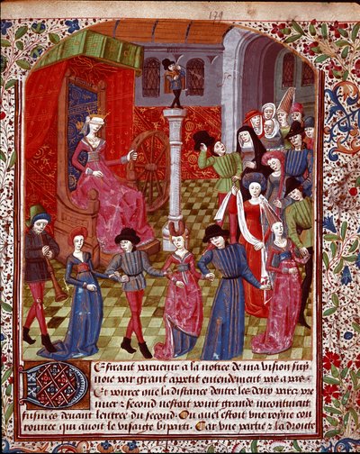 Slepá štěstěna točící kolo, lidé před ní jsou alegorií Osudu, Štěstí a Miniaturního Malheura převzatá z „The Tresor of Sapience“ (neboli „The Treat of the Garden in Love“) od Jeana Gersona (1363-1429) (ms. 1513, fol. 179 r.) 15. stol. od Unknown artist