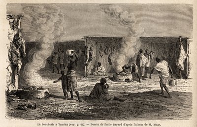 Řezníci na trhu Yamina (Niger) s kůly vybavenými háky na zavěšení masa a také pecemi, ve kterých lze přímo vařit maso, které se poráží podle muslimských obřadů. Rytina znázorňující plavbu Lieutenana do západního Súdánu od Unknown artist