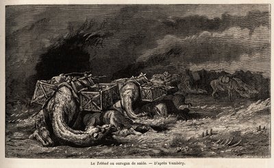 Velbloudí karavana zachycená v písečném hurikánu, který nazývá tebbad. Kresba Emila Bayarda (1837-1891) pro ilustraci cesty do Střední Asie v roce 1863 od Arminia Vamberyho (maďarského vědce v přestrojení za derviše). Rytina v „“ Le tour du monde““, editov od Unknown artist