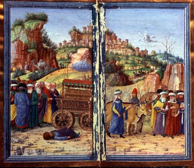 Kočár Svaté archy úmluvy následovaný Davidem hrajícím na žaltář; Ozam, který se ji pokusil držet, je na zemi mrtvý. Davidův žaltář od Unknown artist