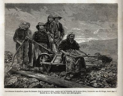 Třídiče uhlí, typ Creusot; v popředí sedící na trakaři, nejstarší z třídičů, matka Dion, 36 let třídění. Rytina pro ilustraci plavby na Creusot a doly Saone a Loire, v roce 1865, L. Simonin, v r. od Unknown artist