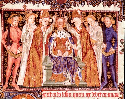 Korunovace krále Pravděpodobně anglický král Richard II. (1367-1400). Miniatura z rukopisu o korunovačních obřadech „“ Liber regalis““ Pamplona ze 14. století, archiv Navarra od Unknown artist