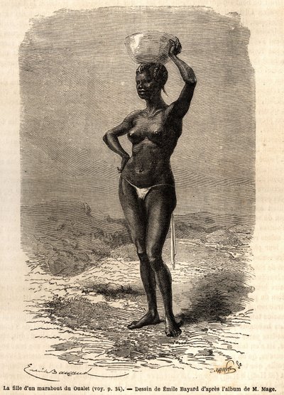 Dcera marabouta z Oualet (Mauritánie), nosí na hlavě jatte na výrobu černého mýdla. Rytina pro ilustraci plavby poručíka (námořnictva) M. Mage do západního Súdánu v letech 1863-1866, publikovaná v „Le tour du monde, nouveau journal des voyages“ od Unknown artist