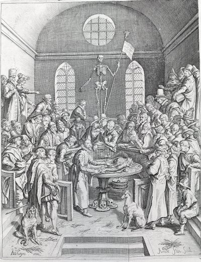 Pitva Skupina lékařů a vědců se znovu sešla, aby sledovala pitvu v amfiteátru. Rytina z roku 1788 od Unknown artist