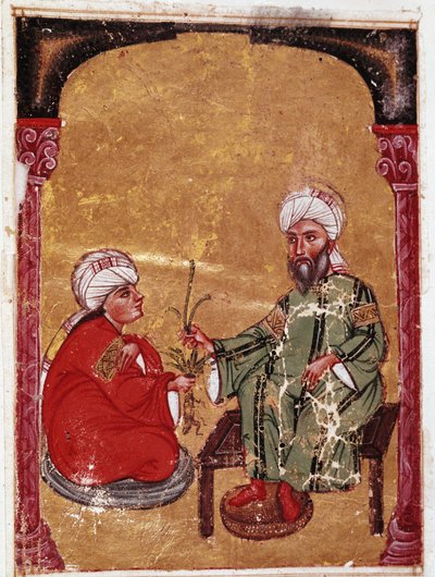 Lékař a botanik Pedanius Dioscoride (Pedanius Dioscorides) (40-90 n. l.) sedí s jedním ze svých studentů Miniatura z jeho pojednání „De materia medica““ (ms Ahmed III, 2147, folio 217a) 1229 Topkapi Sarayi Museum Library, Istanbul od Unknown artist