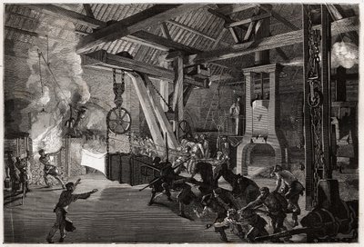 Bubeník kladivo (bubeník) má kovárnu velkých děl; obrovský kus k vykování vychází z pece a muži manévrují, aby ho dostali pod paličku. Rytina pro ilustraci plavby na Creusot a doly Saone a Loire, v roce 1865, L. S. od Unknown artist