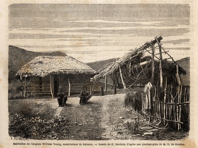 Obydlí a loděnice anglického stavitele poblíž Noumea, který využívá domorodé pracovní síly nebo je odsuzuje až do konce jejich času tvrdé práce. Gravure pour illustrrer le voyage à la Nouvelle Caledonie, Jules Garnier, stavební inženýr dolů, v 18. od Unknown artist