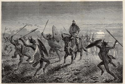 Eskort přidělený cestovateli Bakerovi před odjezdem k jezeru Albert (nebo Albert Nyanza) předvádí fantazii. Engravure pour illustration le voyage au lac Albert, en 1861-1864, od Sir Samuel White Baker, v „Le tour du monde, nouveau journal des voyag od Unknown artist
