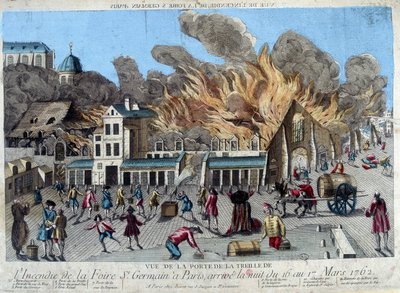 Požár veletrhu Saint Germain v Paříži, v noci ze 16. na 17. března 1762, při pohledu ze dveří Treille. Rytina 18. století od Unknown artist