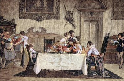 Prvorozený mužský potomek, porodní asistentka, ukazuje novorozeného syna ostatním členům rodiny od Unknown artist
