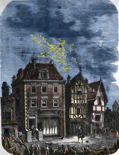 První hromosvod založený Benjaminem Franklinem (1706-1790) na domě ve Philadelphii (USA). 1760. od Unknown artist