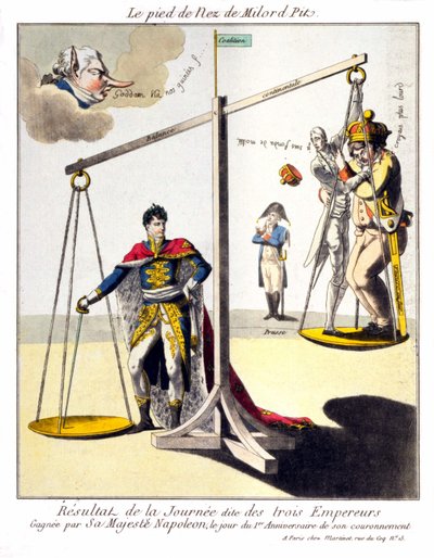 Úpatí nosu Milorda Pit - Výsledek tzv. Dne tří císařů - vyhrál Jeho Veličenstvo Napoleon, v den 1. výročí jeho korunovace. Karikatura o Napoleonovi I. a 3. koalici (Británie zastoupená Williamem Pi od Unknown artist