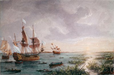 Francouzský cestovatel Rene Robert Cavelier, Sieur de LaSalle objevuje Louisianu v roce 1684 (rytina od Unknown artist