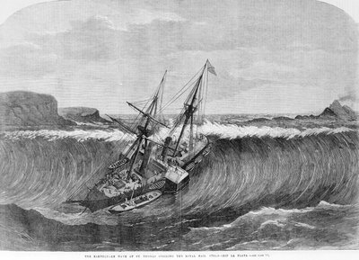 Obří vlna tsunami z prosince 1867 v Saint Thomas na Panenských ostrovech dopadá na kolovou loď La Plata. Rytina 19. století. od Unknown artist
