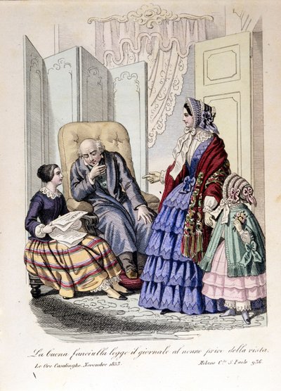 Dívka čte noviny svému dědečkovi, který ztratil zrak. Z „The ore casalinghe“, listopad 1853. od Unknown artist