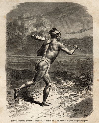 Císařský běžec, nesoucí mikádo depeše. Rytina pro ilustraci plavby do Japonska v letech 1863-1864 od Aime Humberta, ministra Švýcarské konfederace, v „“ Le tour du monde, nouveau journal des voyages““ vydaném pod vedením Edouy od Unknown artist