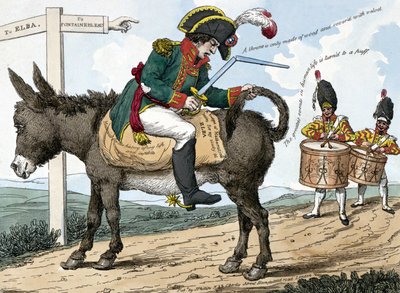Cesta novodobého hrdiny, na ostrov Elba. Cesta novodobých hrdinů na ostrov Elba. Tato karikatura ukazuje Napoleona Bonaparta sedícího na oslu na cestě z Fontainebleau na ostrov Elba; v jedné ruce drží kazetu s mečem od Unknown artist