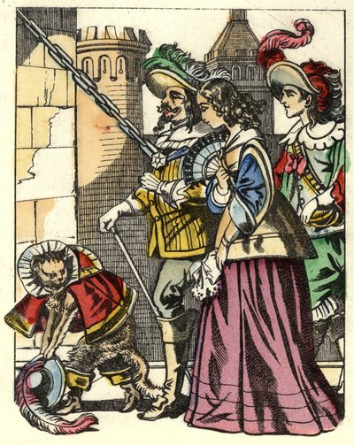 Král, princezna a markýz z Carabasu dorazí do hradu zlobra před kočičí botou. Ilustrace příběhu „The cat botte“ od Charlese Perraulta od Unknown artist