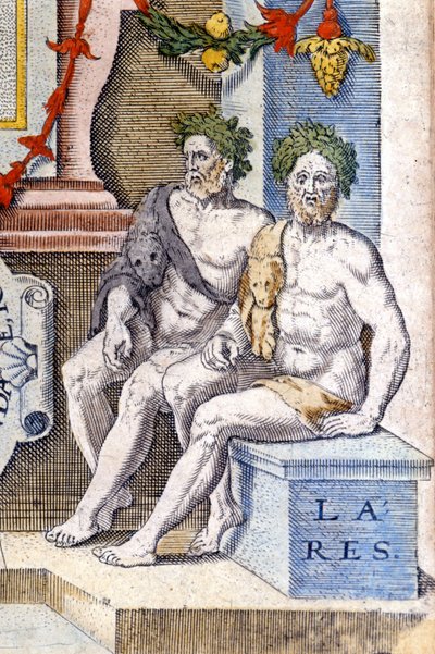 Bohové lares: chrání dům a jeho obyvatele (jsou to duchové předků). Rytina 16. století od Unknown artist