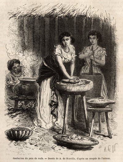 Výroba kukuřičného chleba, základu jídla, ženami z údolí Velkého Cauca (Kolumbie). Rytina k ilustraci plavby do Nové Granady, od Dr. Saffraye, v roce 1869, publikovaná v “”Le tour du monde”””” 1873, editoval Edouard Charton, vydání Hachet od Unknown artist