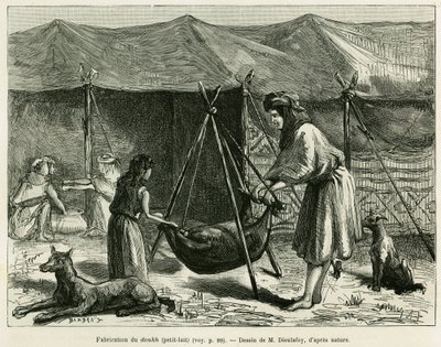 Výroba mléka ženami pastevců z oblasti Karoun. Rytina k ilustraci příběhu La Perse, la Chaldee et la Susiane od Jane Delafoy (1851-1916), důstojnice akademie, v le tour du monde 1886, režie Edouard Charton (1807-1890), Ha od Unknown artist