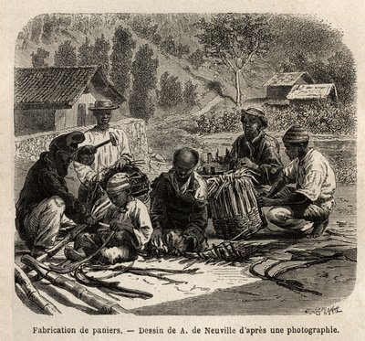 Výroba košíčků z palmových listů pro sběr kávy. Rytina k ilustraci plavby do Brazílie, příběh M. a Mme Agassizových, v letech 1865-1866, publikovaná v „Le tour du monde, nouveau journal des voyages“, pod vedením Edouarda Charta od Unknown artist