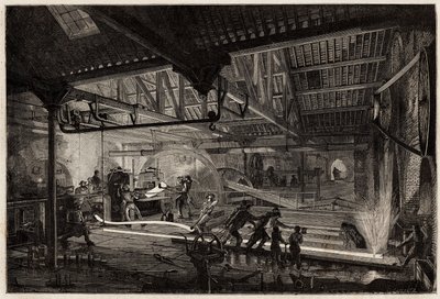 Výroba kolejnic ve starých kovárnách Le Creusot, ocelové pásy, bílé žárem, se rozprostírají v kolejnicích mezi válcovnami. Rytina pro ilustraci plavby na Creusot a doly Saone a Loire v roce 1865 od L. Simonina v „“ Le tou od Unknown artist