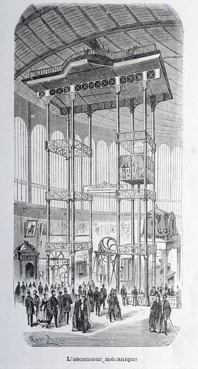 Mechanický výtah inženýra Edouxe na světové výstavě 1867 - grav. od Unknown artist