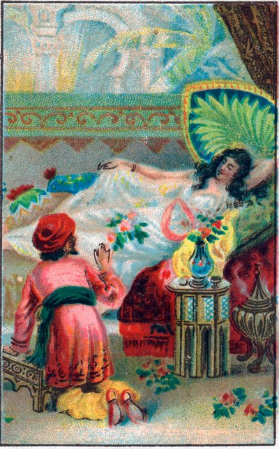 Princ a princezna. Příběh „Příběh o začarovaném koni““ v „Tisíc a jedna noc“ (1001 nocí nebo Le mille e una notte, Arabské noci). Chromolitografie konce 19. století. od Unknown artist