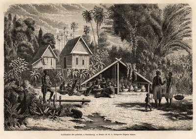 Výroba keramiky v Saniaboury (Laos). Rytina k ilustraci průzkumné cesty v Indočíně od Francise Garniera, poručíka de Vaisseau, v letech 1866-1868, publikovaná v „“Le tour du monde“““ 1870-1871, editoval Edouard Charton, vydání Hac od Unknown artist