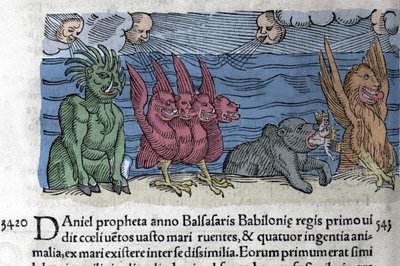 Prorok Daniel vidí, jak se objevují monstra: Haniel, Kafziel, Azriel, Aniel. Rytina z „Knihy Prodigiorum ac ostentorum Chronicon Basileae“ od Wolfharta (Conrad Lycosthene) 1557 od Unknown artist