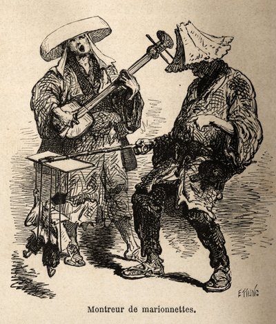Loutkové divadlo a hudebník, který ho doprovází na pouliční zábavu. Rytina pro ilustraci cesty do Japonska od Aime Humberta, ministra Švýcarské konfederace, v letech 1863-1864, publikovaná v „“ le tour du monde“ pod vedením Eda od Unknown artist