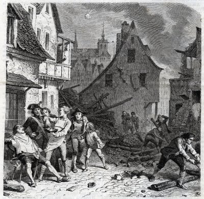 Miska na holení z Lille. Epizoda z obléhání Lille v roce 1792 během francouzských revolučních válek - Le siege de Lille en octobre 1792 - Revolution francaise - Bombardování Rakušany a Prusy - Barber používá půl bomby jako misku na vousy - engr od Unknown artist