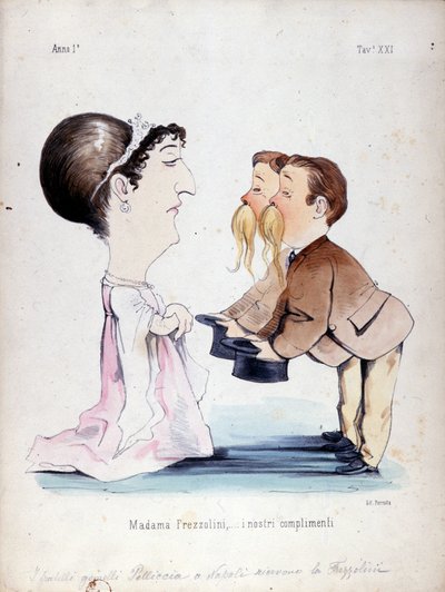 Dvojčata Pelliccia přijala Erminia Frezzolini, italskou sopranistku (1818-1884). Kreslený film z 19. století. od Unknown artist