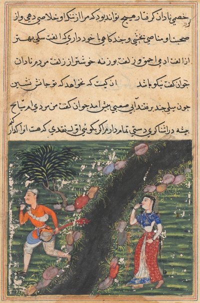 Tulák překročí potok s majetkem snachy krále Banaras a uteče z Tuti-nama (Příběhy papouška: Šestnáctá noc) od Unknown artist