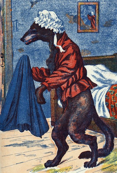 Vlk oblékne babiččin oděv. Anonymní ilustrace k „Červené karkulce“, příběhu Charlese Perraulta (1628-1703), francouzského spisovatele. Snímky Marcel Vagne, Jarville Nancy, nedatováno (konec 19. století). od Unknown artist