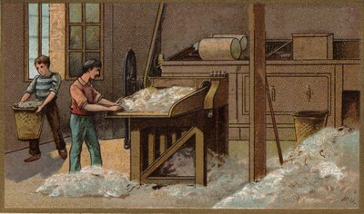 Vlněný průmysl: mlácení. Chromolitografie konce 19. století od Unknown artist
