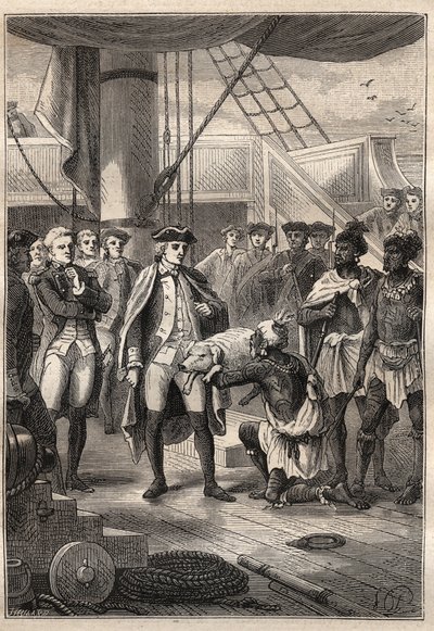 Třetí plavba (1776-1779) od kapitána Jamese Cooka (1728-1779): Kněz Koah nabízí Cookovi na palubě lodi Resolution (Hawaii) malé prase - ilustrace z „The Great Mariners of the 18th century“ od Unknown artist
