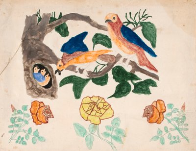 Tři růže a Ptačí rodina od Unknown artist