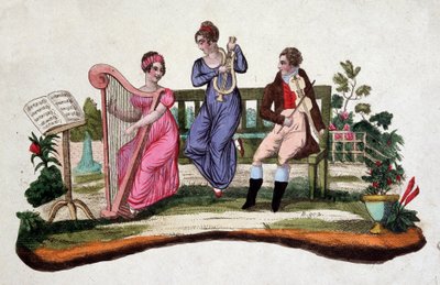 Tři lidé hrající na hudební nástroje v zahradě: harfa, lyra, viola. Lept sd. 18. století. od Unknown artist