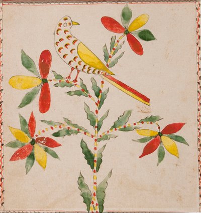 Malý žlutý a červený pták na kvetoucí větvičku od Unknown artist