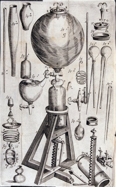 Nástroje pro vědecké experimenty – v „Nova experimenta physico-mechanica de vi aeris elastica, et ejusdem effectibus, facta maximam partem in nova machina pneumatica““ od Roberta Boyla od Unknown artist