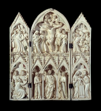 Triptych Saint-Sulpice du Tarn: Převoz kříže, Ukřižování, Seslání kříže, Klanění tří králů, Slavná Panna, Prezentace v chrámu. Vyřezávané reliéfní punčochy ze slonoviny. Kolem 1300 Paříž, Národní muzeum středověku, Thermes d od Unknown artist