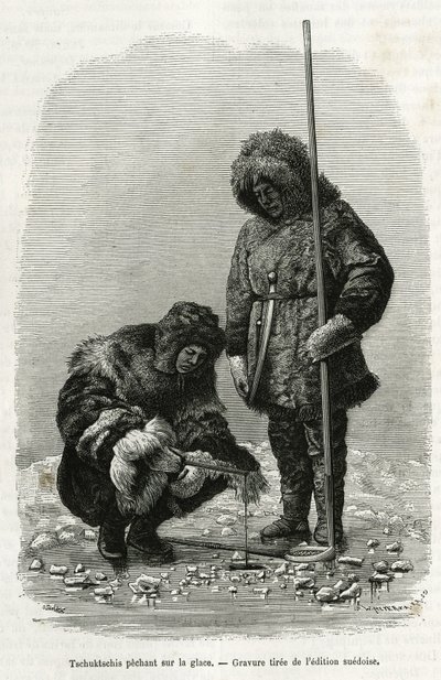 Tschuktschis rybaření na ledu v Koljutschin Bay (polární kruh). Rytina ze švédského vydání pro ilustraci příběhu „“ Voyage de la Vega kolem Asie a Evropy“ od Nilse Adolfa Erika (Erica) Barona Nordenskjolda (Nordenskiold) (1832-1901), v letech 1878-1880 od Unknown artist