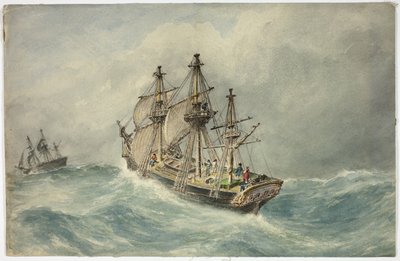 Dvě třístěžňové lodě na rozbouřeném moři od Unknown artist