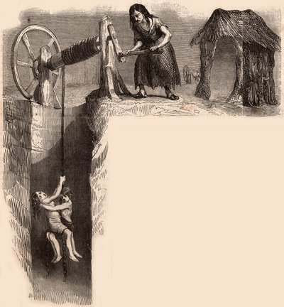 Dvě vyčerpané děti vynesené z anglického uhelného dolu ženou s navijákem (rytina) od Unknown artist