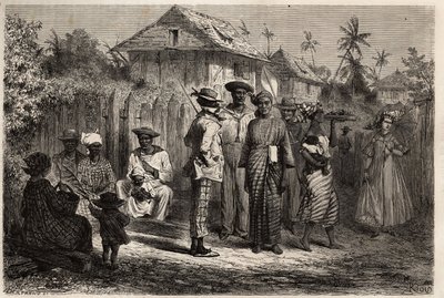 Typy domorodých Cayenne (Francouzská Guyana), ženy oblečené v stromcích (svázané šaty) z madras a oblečené s barevnými turbany, muži přijali západní kostým. Rytina pro ilustraci plavby ve Francouzské Guyaně v letech 1862-1863 od Frederica Bouyera, ca. od Unknown artist