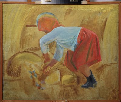 Žací stroj se srpem na hlavě. Obraz Alexeje Fjodoroviče Pakhomova (1900-1973), olej na plátně od Unknown artist